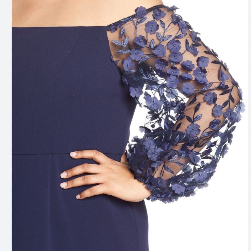 Eliza J Navy Dress with Lace Sleeves